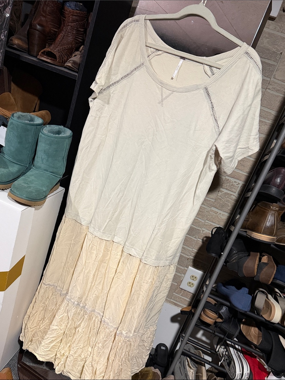 Free People Cream Tiered Short Sleeve Maxi Dress